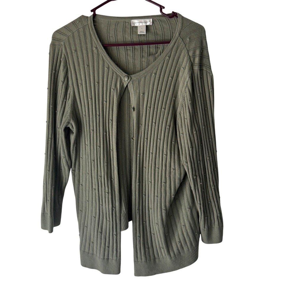 Christopher & Banks Y2k Green Cardigan Ribbed Knit Button Down Preppy Academia L - Picture 1 of 10